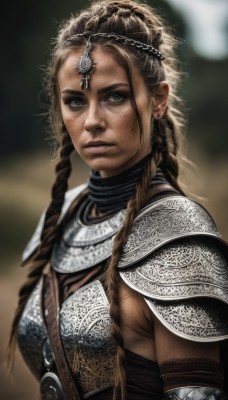 1girl,solo,long hair,looking at viewer,blue eyes,blonde hair,brown hair,jewelry,closed mouth,upper body,braid,earrings,armor,mole,blurry,twin braids,lips,grey eyes,blurry background,shoulder armor,freckles,pauldrons,circlet,breastplate,realistic,nose,fantasy,chainmail,mole under mouth,multiple braids