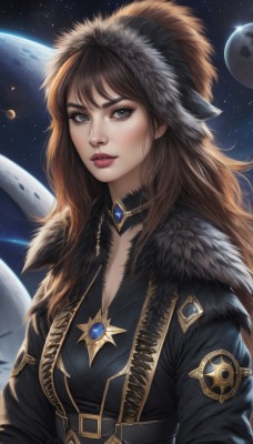 1girl,solo,long hair,breasts,looking at viewer,bangs,blue eyes,brown hair,cleavage,jewelry,medium breasts,jacket,upper body,parted lips,sky,choker,artist name,signature,necklace,lips,black jacket,grey eyes,fur trim,eyelashes,makeup,brooch,gem,star (sky),starry sky,freckles,realistic,nose,red lips,space,planet,earth (planet),hat,coat,moon,thick eyebrows,lipstick,fur collar