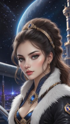 1girl,solo,long hair,breasts,looking at viewer,brown hair,dress,cleavage,brown eyes,jewelry,medium breasts,upper body,earrings,parted lips,sky,necklace,lips,fur trim,eyelashes,makeup,night,moon,tiara,crown,gem,star (sky),night sky,starry sky,realistic,nose,space,planet,earth (planet),artist name,red lips