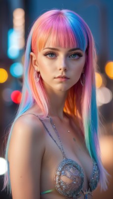 1girl,solo,long hair,breasts,looking at viewer,bangs,blue eyes,cleavage,bare shoulders,jewelry,medium breasts,underwear,blue hair,collarbone,swimsuit,upper body,pink hair,bikini,multicolored hair,earrings,small breasts,parted lips,artist name,blunt bangs,necklace,bra,blurry,two-tone hair,lips,eyelashes,depth of field,blurry background,freckles,hoop earrings,realistic,nose,bokeh,closed mouth,mole,wet,gradient hair,makeup,watermark,expressionless,lipstick,web address,eyeshadow,mole on breast,eyeliner,mascara