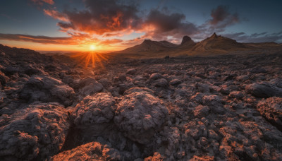 outdoors, sky, cloud, no humans, cloudy sky, scenery, sunset, mountain, sun, landscape