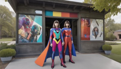 1girl,breasts,short hair,multiple girls,black hair,2girls,medium breasts,standing,boots,outdoors,multiple boys,day,cape,tree,window,bodysuit,mask,plant,robot,building,mecha,multicolored clothes,science fiction,realistic,red cape,superhero,red bodysuit,blue bodysuit,multicolored bodysuit,looking at viewer,brown hair,gloves,1boy,brown eyes,closed mouth,full body,sky,belt,cloud,watermark,helmet,grass,red footwear,potted plant,bush