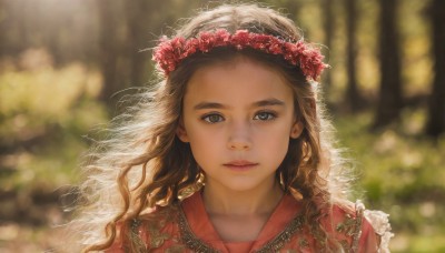 1girl,solo,long hair,looking at viewer,brown hair,hair ornament,dress,closed mouth,upper body,flower,outdoors,blurry,lips,grey eyes,depth of field,blurry background,wavy hair,red dress,portrait,veil,forehead,realistic,nose,head wreath,straight-on,brown eyes,day,sunlight,thick eyebrows,red flower,nature,backlighting,curly hair