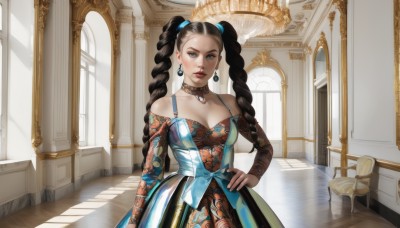 1girl,solo,long hair,breasts,looking at viewer,blue eyes,black hair,hair ornament,long sleeves,dress,cleavage,bare shoulders,twintails,jewelry,medium breasts,standing,collarbone,braid,cowboy shot,earrings,parted lips,choker,indoors,necklace,off shoulder,twin braids,lips,hand on hip,window,makeup,blue dress,table,sunlight,gem,pendant,mirror,realistic,off-shoulder dress,red lips,mole,floral print,forehead,nose,multicolored dress