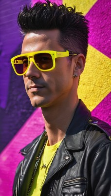 solo,shirt,black hair,1boy,jewelry,closed mouth,jacket,upper body,male focus,earrings,glasses,dark skin,necklace,lips,black jacket,sunglasses,dark-skinned male,purple background,yellow shirt,realistic,nose,leather,leather jacket,aviator sunglasses,mole,facial hair,zipper,animification