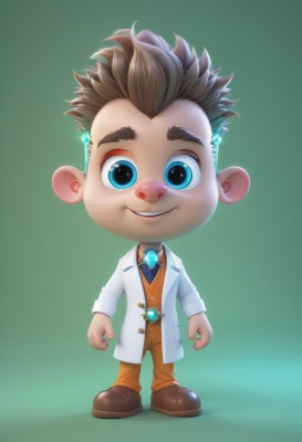 solo,looking at viewer,smile,short hair,blue eyes,simple background,brown hair,shirt,long sleeves,1boy,jewelry,standing,full body,male focus,necktie,shoes,collared shirt,pants,chibi,vest,brown footwear,formal,suit,blue shirt,spiked hair,brooch,gem,green background,blue necktie,labcoat,brown pants,jacket,teeth,belt,artist name,necklace,watermark,mohawk