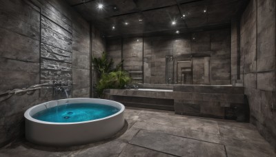 indoors,water,no humans,window,plant,scenery,reflection,door,tiles,potted plant,tile floor,bathtub,tile wall,sink,ceiling light,chair,wooden floor,stairs,wall,ceiling,still life