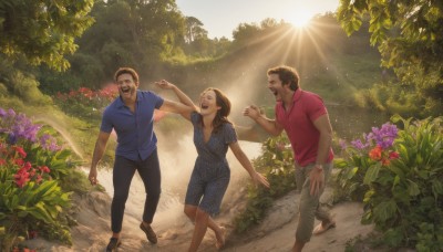 1girl,smile,short hair,open mouth,brown hair,shirt,dress,closed eyes,flower,short sleeves,outdoors,multiple boys,barefoot,day,pants,2boys,tree,blue dress,holding hands,facial hair,siblings,sandals,sunlight,plant,red shirt,nature,beard,running,watch,light rays,mustache,wristwatch,dancing,family,long hair,black hair,shorts,dark skin,happy,blue shirt,realistic,sun,path