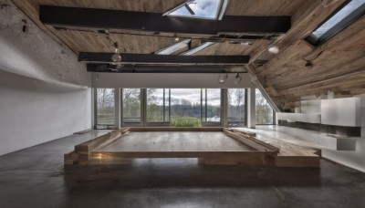 outdoors,sky,day,cloud,indoors,tree,blue sky,no humans,window,table,sunlight,grass,plant,building,scenery,mountain,door,sink,ceiling,ceiling light,chandelier