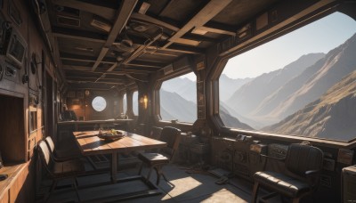 sky,day,indoors,no humans,window,chair,table,sunlight,ground vehicle,scenery,science fiction,mountain,cockpit,artist name,cup,book,landscape,seat