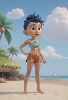 1girl,solo,short hair,black hair,navel,bare shoulders,brown eyes,jewelry,blue hair,standing,full body,earrings,outdoors,parted lips,sky,shorts,barefoot,teeth,day,midriff,artist name,cloud,dark skin,necklace,blurry,flat chest,dark-skinned female,tree,blue sky,lips,hand on hip,short shorts,blurry background,ocean,beach,child,armlet,sand,palm tree,female child,orange shorts,open mouth,signature,depth of field,coconut