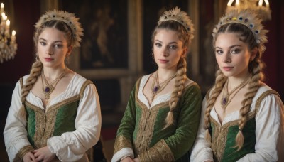 long hair,breasts,looking at viewer,smile,multiple girls,brown hair,shirt,hair ornament,long sleeves,dress,cleavage,brown eyes,jewelry,closed mouth,upper body,braid,earrings,indoors,3girls,necklace,blurry,twin braids,lips,single braid,blurry background,own hands together,crown,gem,hair over shoulder,pendant,green dress,realistic,headdress,candle,hair pulled back,multiple braids,siblings,sisters