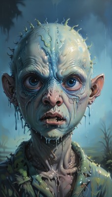 solo,looking at viewer,blue eyes,shirt,1boy,upper body,male focus,teeth,pointy ears,wet,portrait,monster,realistic,bald,slime (substance),horror (theme),open mouth,lips,colored skin,facial hair,plant,blue skin,green skin