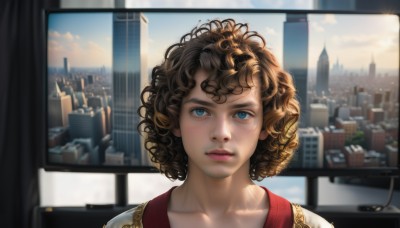 1girl,solo,looking at viewer,short hair,blue eyes,brown hair,closed mouth,sky,day,cloud,indoors,blurry,lips,window,building,messy hair,portrait,freckles,curly hair,city,realistic,nose,cityscape,computer,monitor,skyscraper,collarbone,eyelashes,wavy hair,sunlight,scenery,backlighting,skyline