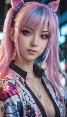 1girl,solo,long hair,breasts,looking at viewer,bangs,blue eyes,hair ornament,animal ears,cleavage,twintails,jewelry,medium breasts,closed mouth,blue hair,upper body,pink hair,multicolored hair,small breasts,japanese clothes,open clothes,kimono,necklace,blurry,two-tone hair,lips,streaked hair,eyelashes,makeup,blurry background,eyeshadow,realistic,nose,eyeliner,mascara,collarbone,jacket,sidelocks,artist name,open jacket,depth of field,freckles