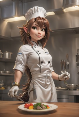 1girl,solo,long hair,breasts,looking at viewer,smile,brown hair,gloves,hat,holding,brown eyes,jewelry,green eyes,tail,earrings,food,pointy ears,indoors,white gloves,apron,bracelet,lips,buttons,white headwear,knife,plate,dragon girl,hoop earrings,spoon,nose,dragon tail,fork,holding knife,kitchen,chef hat,chef,kitchen knife,bangs,medium breasts,cowboy shot,cup,fruit,waist apron,watch,double-breasted,wristwatch,ladle