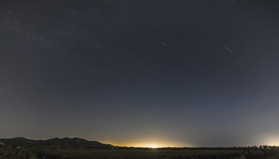 outdoors,sky,cloud,no humans,night,grass,star (sky),night sky,scenery,starry sky,sunset,mountain,landscape,mountainous horizon,shooting star,hill,horizon