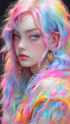 1girl,solo,long hair,looking at viewer,blush,bangs,blue eyes,simple background,jewelry,closed mouth,blue hair,upper body,pink hair,multicolored hair,earrings,from side,lips,looking to the side,eyelashes,gradient hair,makeup,wavy hair,piercing,black background,portrait,freckles,realistic,nose,colorful,rainbow hair,expressionless,gem,ear piercing