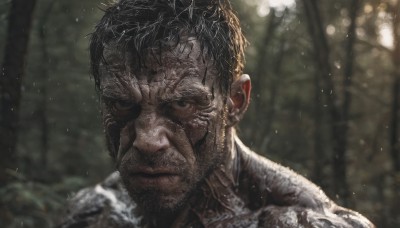 solo,looking at viewer,short hair,black hair,1boy,closed mouth,male focus,blurry,black eyes,blurry background,facial hair,portrait,beard,snowing,realistic,scar,close-up,manly