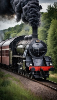 outdoors,sky,day,cloud,tree,military,no humans,grass,fire,ground vehicle,nature,scenery,motor vehicle,forest,smoke,aircraft,military vehicle,vehicle focus,train,world war ii,railroad tracks,multiple boys,cannon