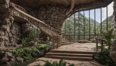 outdoors,sky,day,cloud,tree,blue sky,no humans,grass,plant,nature,scenery,rock,stairs,mountain,fence,railing,ruins,bridge,moss,overgrown,indoors,window,bush,wall,landscape,stone,stone wall