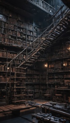 sky,indoors,book,no humans,window,night,scenery,lantern,wooden floor,stairs,railing,bookshelf,lamp,dark,bridge,library,ladder,solo,chair,table,shelf