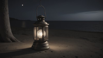 outdoors,sky,water,tree,no humans,night,shadow,ocean,beach,moon,star (sky),night sky,scenery,full moon,starry sky,lantern,sand,horizon,light,lamp,dark,shore,monochrome,cloud,glowing,mountain