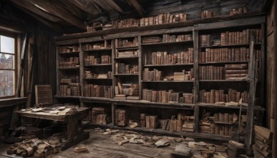 day,indoors,book,no humans,window,chair,table,box,scenery,paper,bookshelf,shelf,book stack,library,ladder,sunlight,curtains,desk,messy room