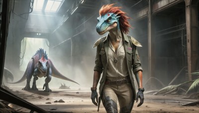 HQ,1girl,long hair,shirt,red eyes,gloves,standing,jacket,tail,red hair,open clothes,teeth,black gloves,belt,pants,indoors,uniform,military,plant,robot,sharp teeth,claws,sleeves rolled up,walking,science fiction,monster,scales,ruins,dirty,alien,dinosaur,post-apocalypse,yellow eyes,weapon,orange hair,open jacket,tattoo,light rays,leather,dog tags,dust