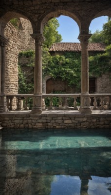 outdoors,sky,day,cloud,water,tree,blue sky,no humans,plant,building,nature,scenery,reflection,stairs,architecture,ruins,bridge,pillar,river,statue,arch,column,reflective water,railing