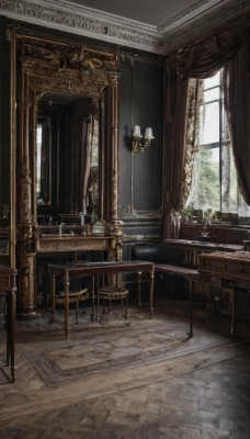 day,indoors,tree,book,no humans,window,chair,table,sunlight,plant,curtains,instrument,scenery,wooden floor,potted plant,candle,stool,vase,painting (object),piano,carpet,candlestand,rug,chandelier,grand piano,lamp