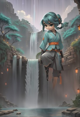 1girl,solo,looking at viewer,smile,short hair,bangs,hair ornament,long sleeves,brown eyes,blue hair,standing,full body,braid,outdoors,japanese clothes,sky,pants,cloud,water,black eyes,tree,sash,aqua hair,chinese clothes,obi,leg up,standing on one leg,nature,scenery,wading,hair rings,lantern,rock,waterfall,fog,long hair,green hair,kimono,makeup,thick eyebrows,updo