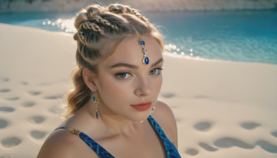 1girl,solo,long hair,looking at viewer,blonde hair,brown hair,bare shoulders,brown eyes,jewelry,closed mouth,collarbone,swimsuit,upper body,braid,earrings,outdoors,day,water,mole,blurry,lips,grey eyes,depth of field,blurry background,ocean,beach,gem,portrait,freckles,circlet,realistic,nose,sand,black hair,hair ornament,bikini,makeup,blue bikini,red lips