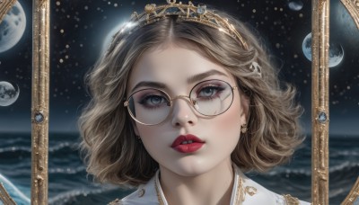 1girl,solo,looking at viewer,short hair,bangs,blue eyes,brown hair,jewelry,earrings,parted lips,sky,glasses,artist name,lips,grey eyes,makeup,moon,tiara,crown,lipstick,gem,portrait,star (sky),freckles,reflection,mirror,realistic,round eyewear,red lips,space,planet,mascara,teeth,blurry,eyelashes,night,close-up,forehead,nose,straight-on,gold