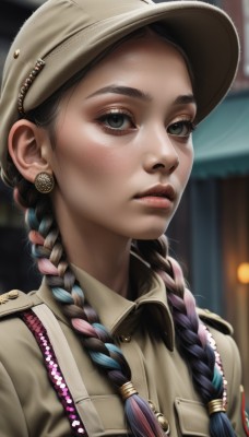 1girl,solo,long hair,looking at viewer,shirt,black hair,hat,brown eyes,jewelry,closed mouth,blue hair,upper body,pink hair,braid,multicolored hair,earrings,collared shirt,artist name,blurry,uniform,black eyes,twin braids,two-tone hair,lips,grey eyes,military,eyelashes,military uniform,buttons,depth of field,blurry background,thick eyebrows,portrait,hair over shoulder,freckles,realistic,nose,brown headwear,brown shirt,multiple braids,bangs,brown hair,streaked hair,forehead,pocket