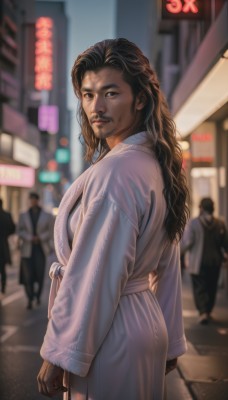 1girl,solo,long hair,looking at viewer,brown hair,black hair,long sleeves,1boy,brown eyes,closed mouth,standing,male focus,outdoors,multiple boys,solo focus,dark skin,blurry,black eyes,dark-skinned female,lips,blurry background,facial hair,robe,realistic,nose,looking back,night,city,stubble,road,street