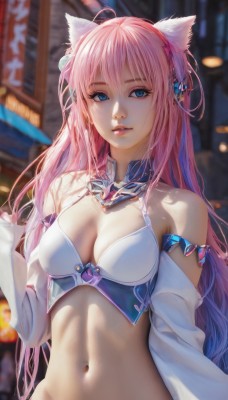 1girl,solo,long hair,breasts,looking at viewer,blue eyes,hair ornament,navel,animal ears,cleavage,bare shoulders,medium breasts,upper body,pink hair,ahoge,parted lips,detached sleeves,midriff,cat ears,stomach,blurry,lips,bangs,multicolored hair,blurry background,cleavage cutout,armlet,realistic