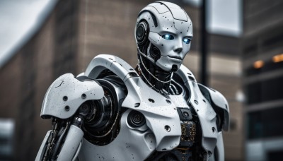 solo,blue eyes,1boy,upper body,male focus,blurry,no humans,blurry background,robot,building,mecha,1other,science fiction,realistic,android,joints,cable,cyborg,damaged,robot joints,humanoid robot,1girl,looking at viewer,lips,depth of field,glowing,cyberpunk,mechanical parts