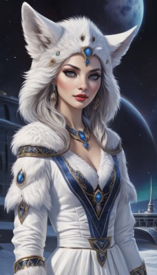 1girl,solo,long hair,breasts,looking at viewer,blue eyes,long sleeves,dress,animal ears,cleavage,jewelry,medium breasts,closed mouth,upper body,white hair,earrings,outdoors,parted lips,sky,artist name,signature,hood,necklace,white dress,lips,coat,grey eyes,fur trim,makeup,night,moon,lipstick,gem,star (sky),night sky,full moon,pendant,eyeshadow,starry sky,nose,white coat,winter clothes,red lips,space,fur-trimmed sleeves,planet,fur hat,blush,animal hood,realistic,mascara