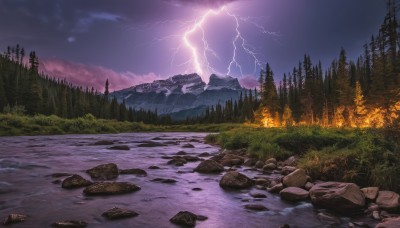 outdoors,sky,cloud,water,tree,no humans,night,cloudy sky,grass,fire,nature,night sky,scenery,snow,forest,rock,mountain,electricity,river,lightning,landscape,purple sky,pine tree,mountainous horizon,campfire