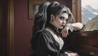 1girl,solo,long hair,breasts,looking at viewer,black hair,red eyes,long sleeves,dress,cleavage,jewelry,sitting,upper body,ponytail,grey hair,multicolored hair,earrings,indoors,nail polish,black dress,two-tone hair,grey eyes,makeup,ring,cross,lipstick,instrument,black nails,eyeshadow,lolita fashion,music,gothic lolita,cross earrings,painting (object),gothic,piano,black lips,sheet music,piers (pokemon),bangs,1boy,medium breasts,closed mouth,white hair,male focus,frills,alternate costume,choker,puffy sleeves,collar,alternate hairstyle,black choker,pale skin,realistic,black collar