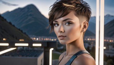 1girl,solo,looking at viewer,smile,short hair,brown hair,bare shoulders,brown eyes,jewelry,upper body,earrings,outdoors,day,dark skin,blurry,lips,depth of field,blurry background,piercing,tank top,ear piercing,portrait,mountain,realistic,nose,stud earrings,undercut,bangs,closed mouth,sky,looking to the side,eyelashes,eyebrow cut