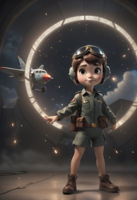 solo,smile,short hair,brown hair,1boy,brown eyes,standing,full body,male focus,boots,sky,shorts,belt,cloud,uniform,military,military uniform,night,brown footwear,goggles,child,star (sky),night sky,goggles on head,aircraft,airplane,male child,jacket,headphones,thick eyebrows,pouch,realistic,jumpsuit,pilot