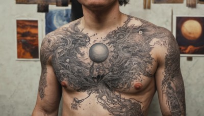 solo,black hair,1boy,nipples,upper body,male focus,nude,indoors,tattoo,muscular,pectorals,muscular male,facing viewer,realistic,arms at sides,head out of frame,arm tattoo,chest tattoo,painting (object),back tattoo,pectoral focus,short hair,facial hair,bara,beard,large pectorals,topless male,toned male,full-body tattoo