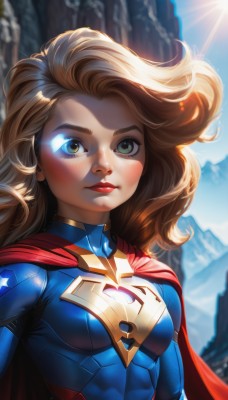 1girl,solo,long hair,breasts,looking at viewer,blush,blue eyes,blonde hair,green eyes,upper body,small breasts,outdoors,sky,day,cape,blurry,lips,bodysuit,makeup,heterochromia,sunlight,freckles,mountain,sun,red cape,red lips,superhero,brown hair,closed mouth,skin tight