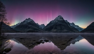 outdoors,sky,cloud,water,tree,no humans,night,star (sky),nature,night sky,scenery,forest,starry sky,reflection,mountain,river,landscape,lake,gradient sky,reflective water,aurora,sunset,rock,bare tree,purple sky