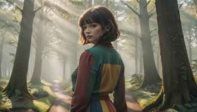 1girl,solo,breasts,looking at viewer,short hair,bangs,brown hair,long sleeves,brown eyes,jewelry,closed mouth,upper body,earrings,outdoors,day,looking back,blunt bangs,from behind,tree,lips,sunlight,grass,nature,scenery,forest,light rays,realistic,nose,road,bush,sunbeam,dappled sunlight,path,blush,dress,standing,artist name,watermark,web address,freckles