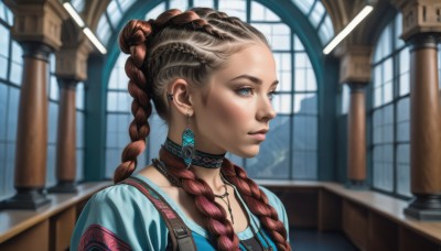 1girl,solo,long hair,blue eyes,brown hair,jewelry,upper body,braid,red hair,multicolored hair,earrings,choker,indoors,necklace,hair bun,blurry,twin braids,two-tone hair,lips,eyelashes,window,makeup,depth of field,blurry background,looking away,piercing,ear piercing,portrait,realistic,nose,hair behind ear,church,multiple braids,shirt,dress,closed mouth,collarbone,dark skin,from side,dark-skinned female,profile,hair over shoulder,pillar,mascara,dreadlocks,column