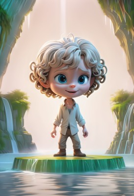 solo,looking at viewer,smile,short hair,open mouth,blue eyes,blonde hair,shirt,1boy,standing,full body,white hair,male focus,outdoors,pants,artist name,water,chibi,tree,brown footwear,sunlight,child,backlighting,curly hair,light rays,male child,brown pants,waterfall,boots,pointy ears