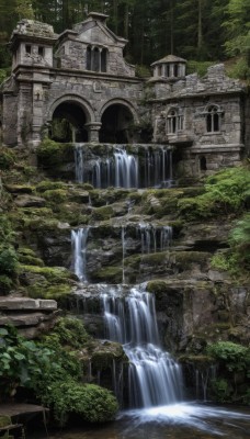 outdoors,day,water,tree,no humans,bird,plant,building,nature,scenery,forest,architecture,ruins,bridge,waterfall,arch,moss,overgrown,river